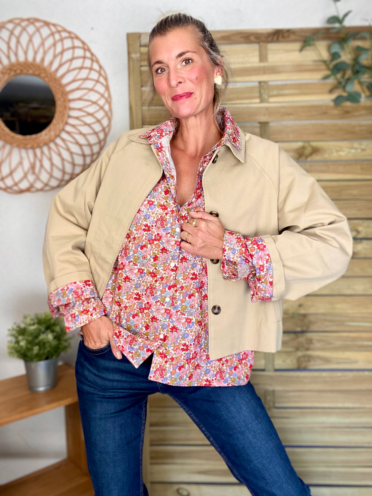 Veste Trench en coton beige avec Liberty - MAHAUT - LILI et LALA
