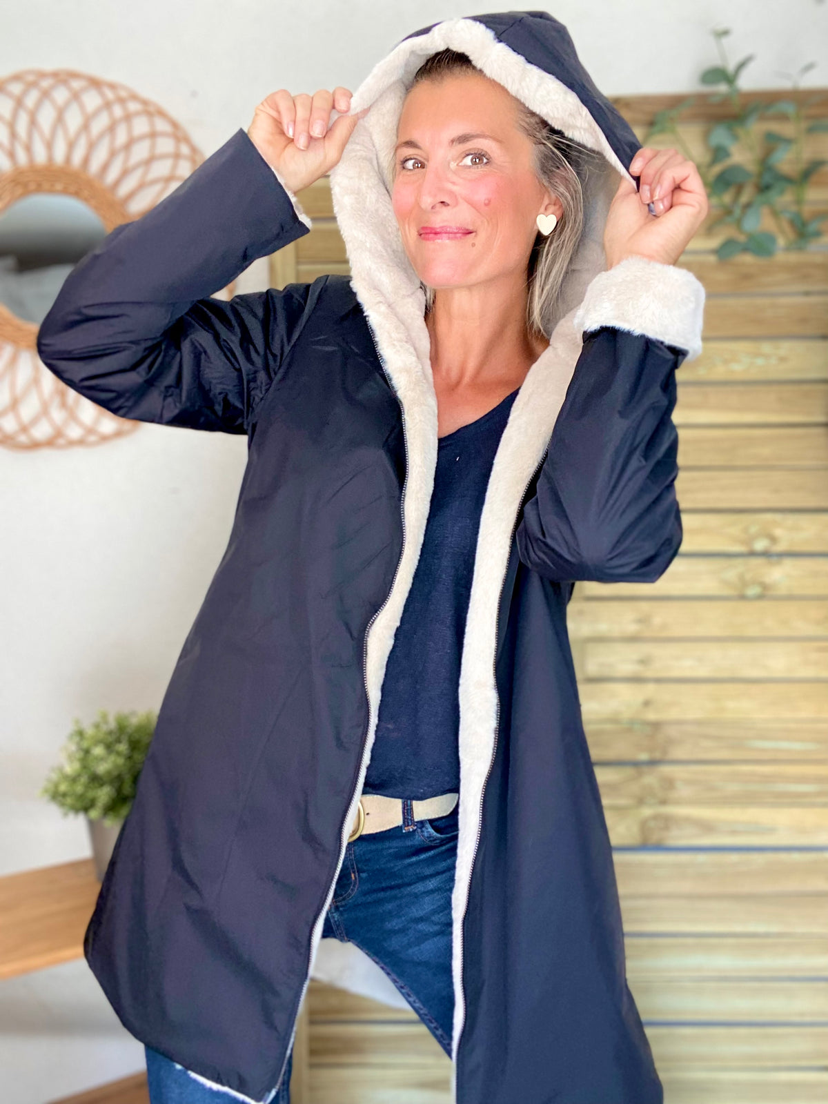 LAURA JO - Parka Imperméable réversible fourrée Noir / Beige ALIX long