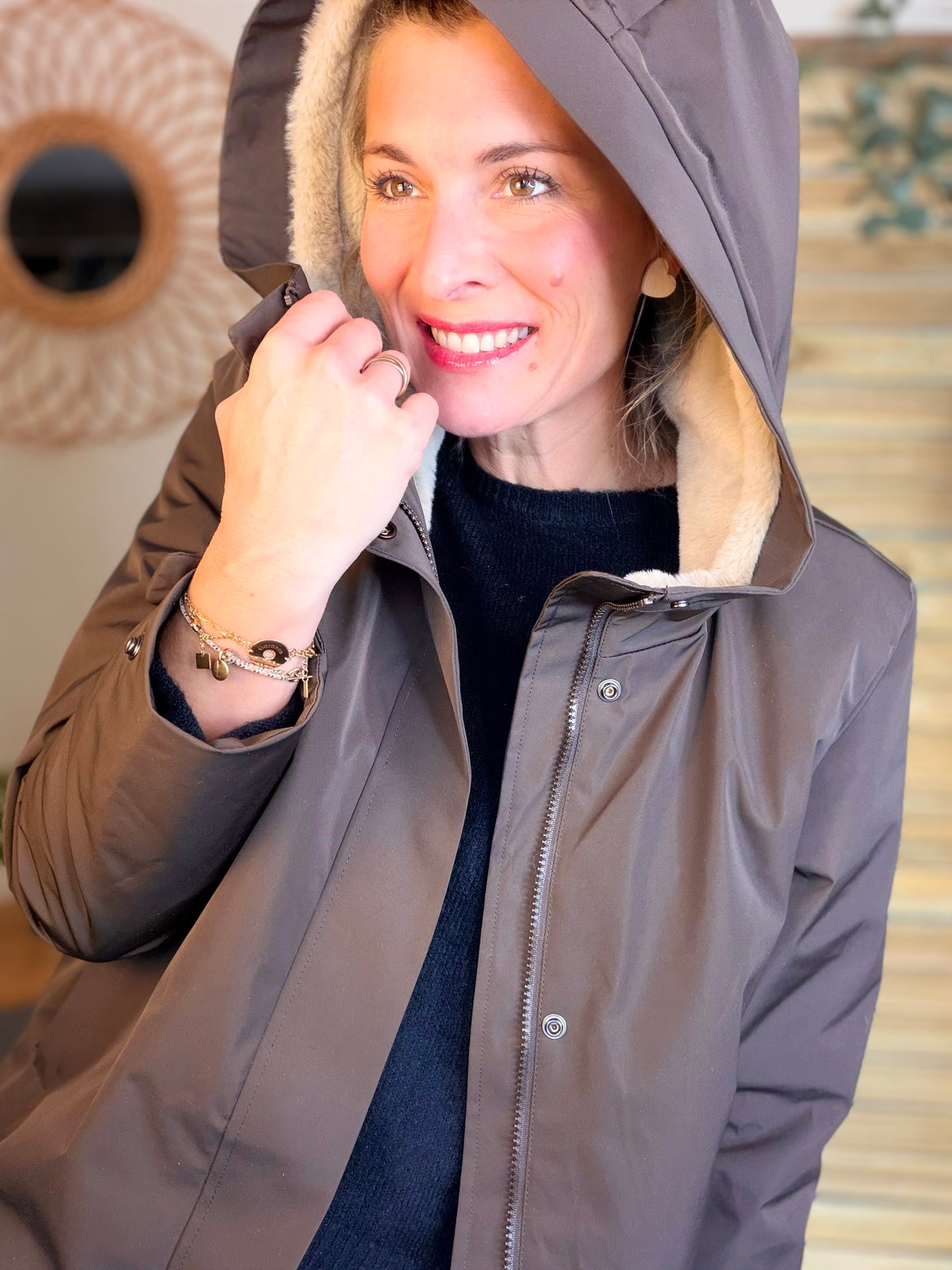LAURA JO - Parka fourrée imperméable AMBRE LONG - Chocolat / Beige