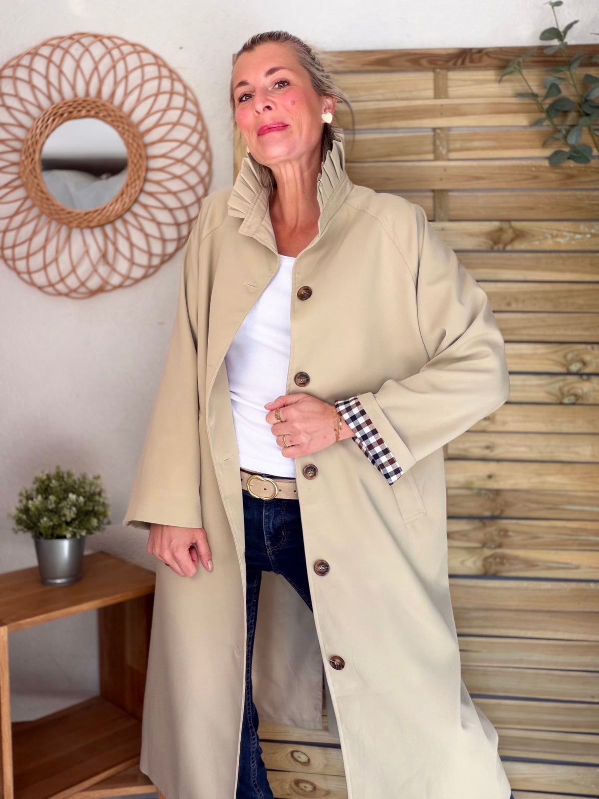 Veste Trench col victorien, revers carreaux - VICKY LONG Beige