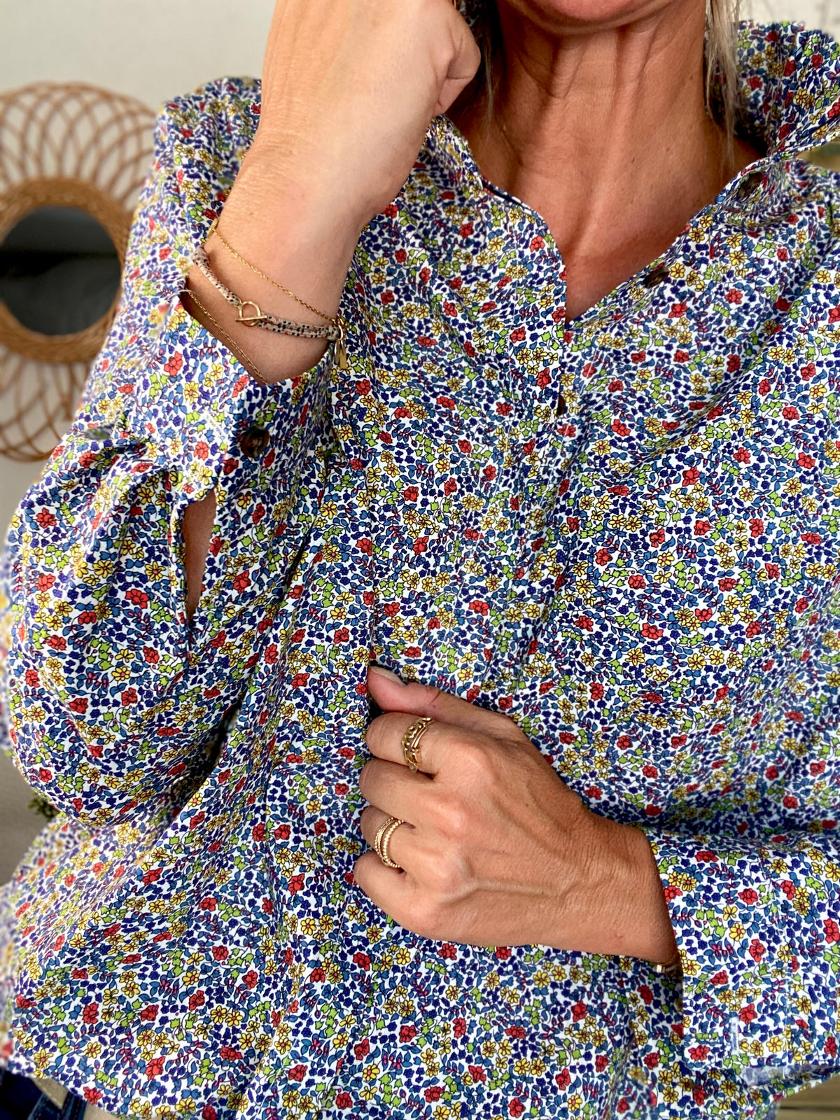 Chemise imprimée Liberty bleu, col victorien volanté CHARLOTTE - FIN DE SÉRIE