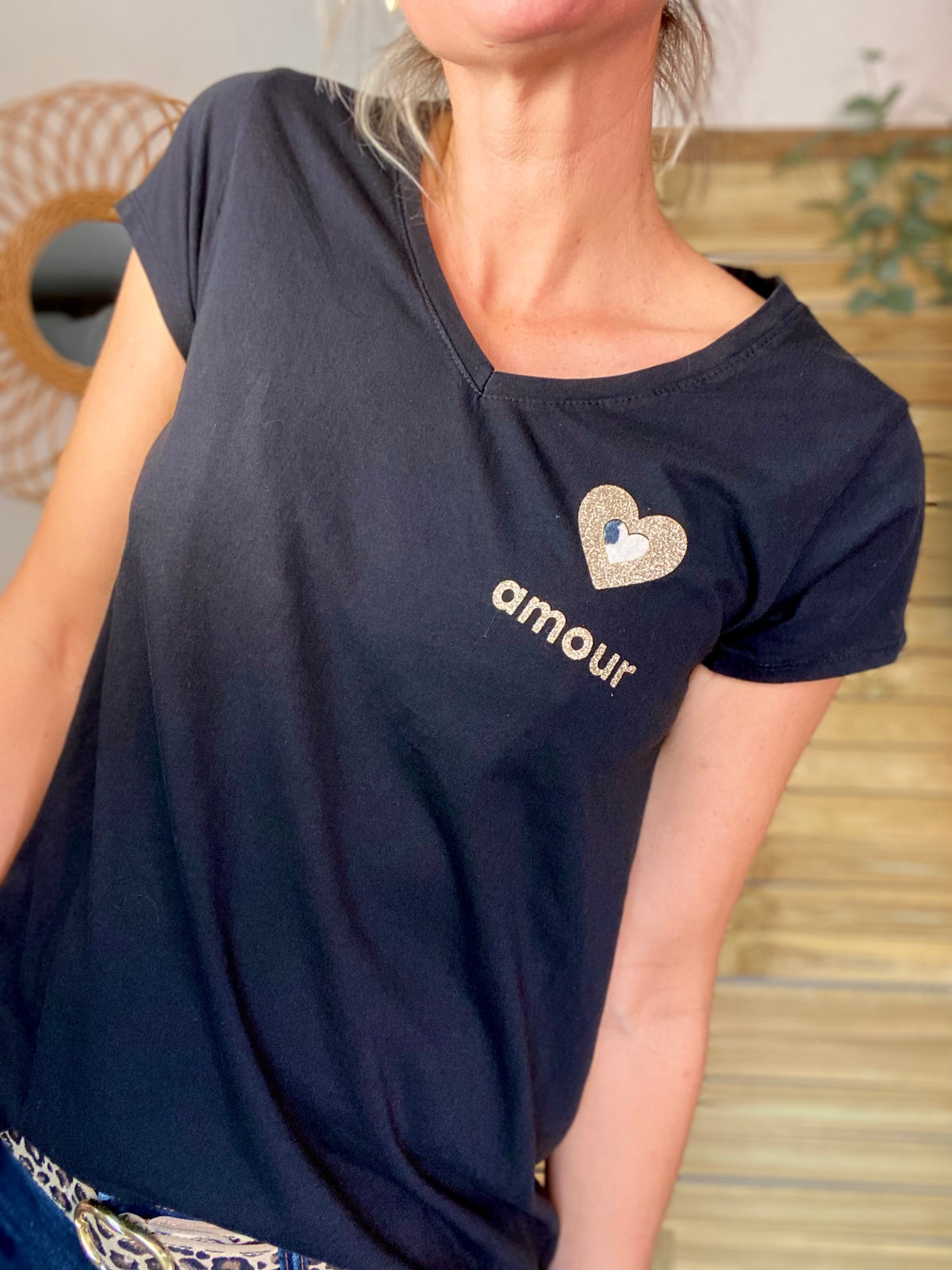 Tee shirt Coeur doré et léo amour 💛🐆 NINA Noir • FIN DE SÉRIE