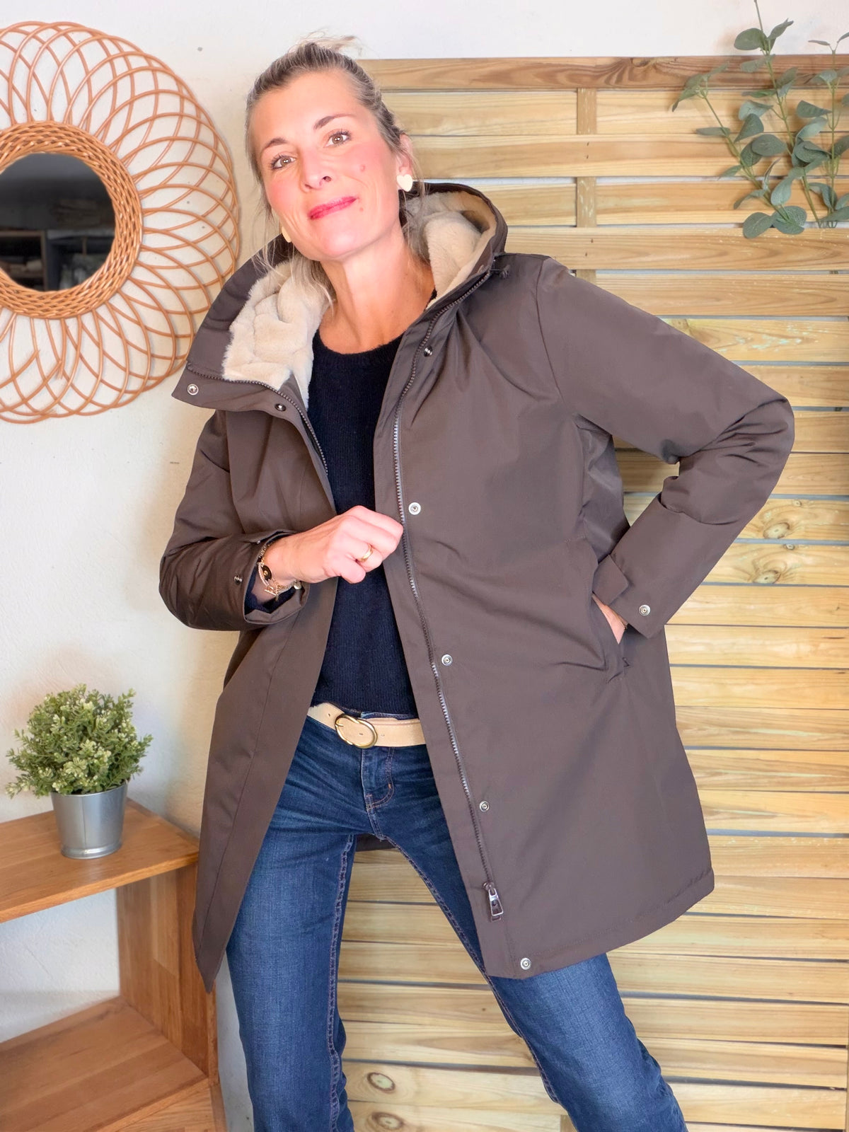LAURA JO - Parka fourrée imperméable AMBRE LONG - Chocolat / Beige