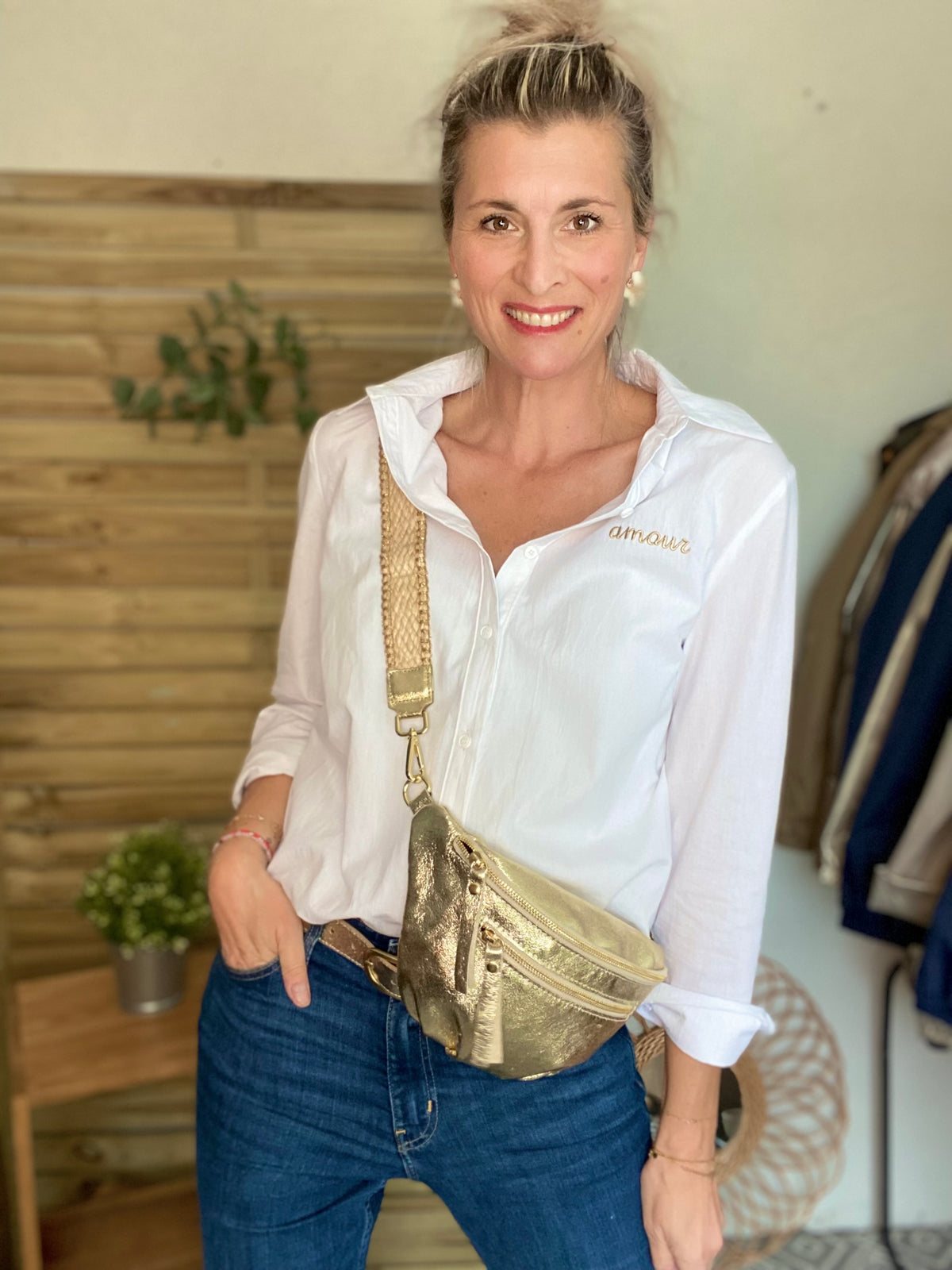 Sac banane en cuir irisé double poche - ERYN fronces - Doré