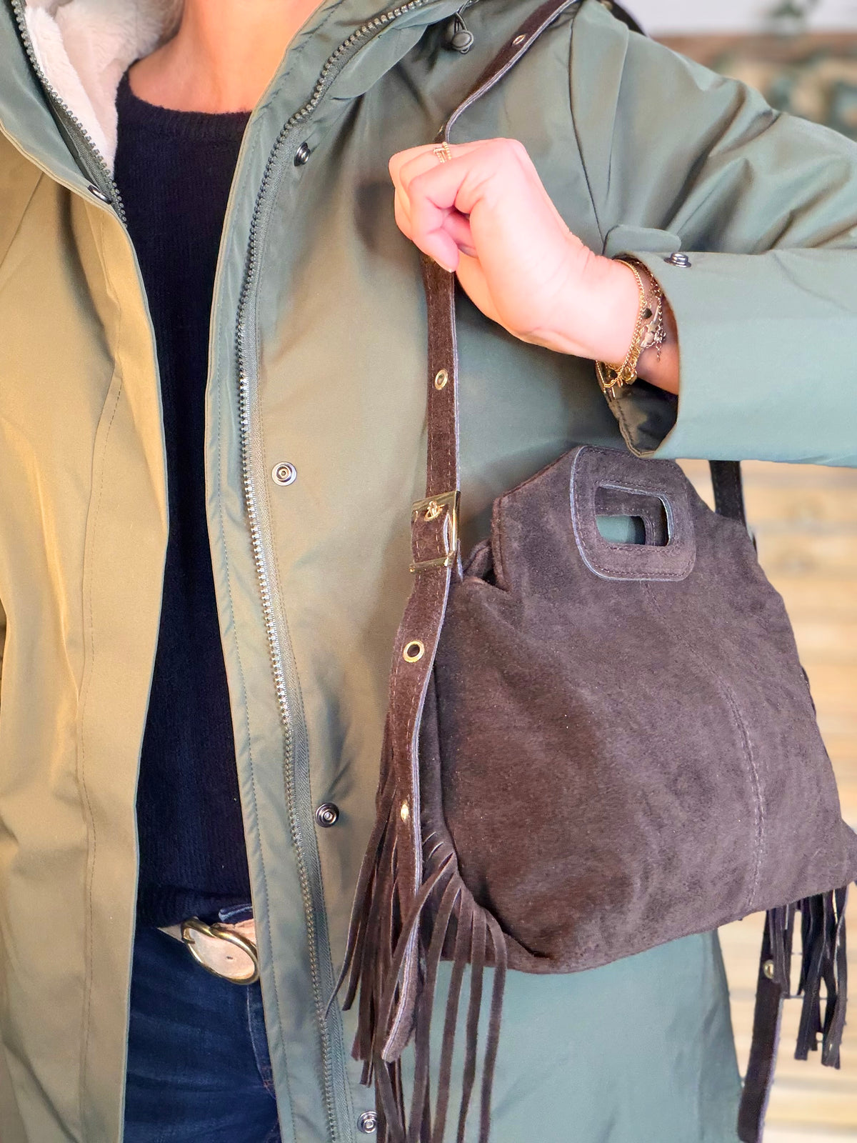 Sac en cuir daim avec franges LOGAN - Chocolat