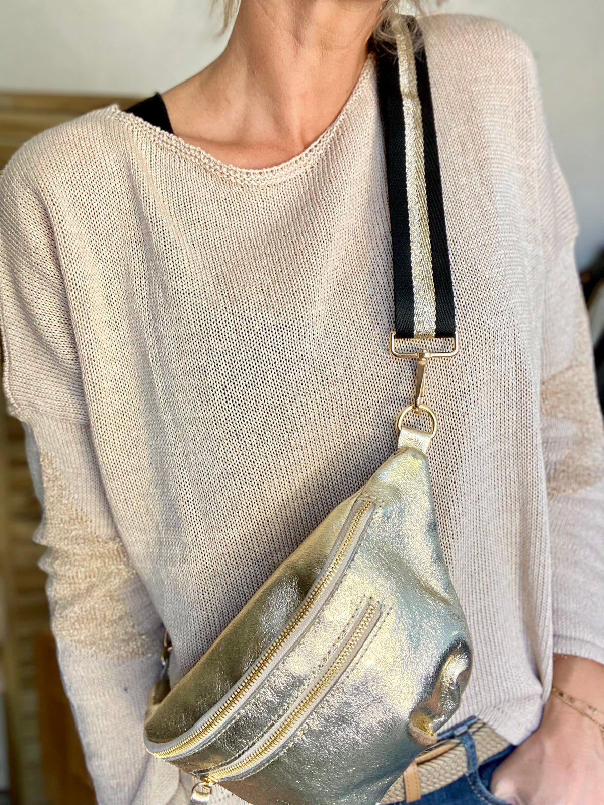 Sac banane en cuir irisé double poche - ERYN fronces - Doré