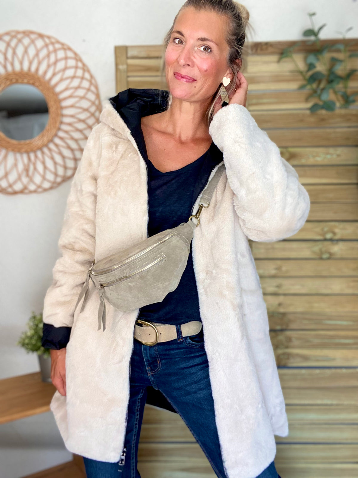 LAURA JO - Parka Imperméable réversible fourrée Noir / Beige ALIX long