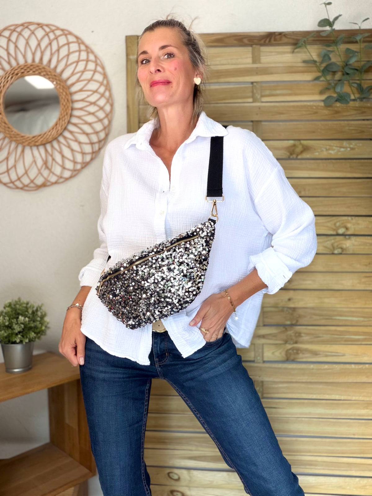 Sac banane L velours à sequins Ciao Boum- TAYLOR - Noir / Argent - DÉSTOCKAGE