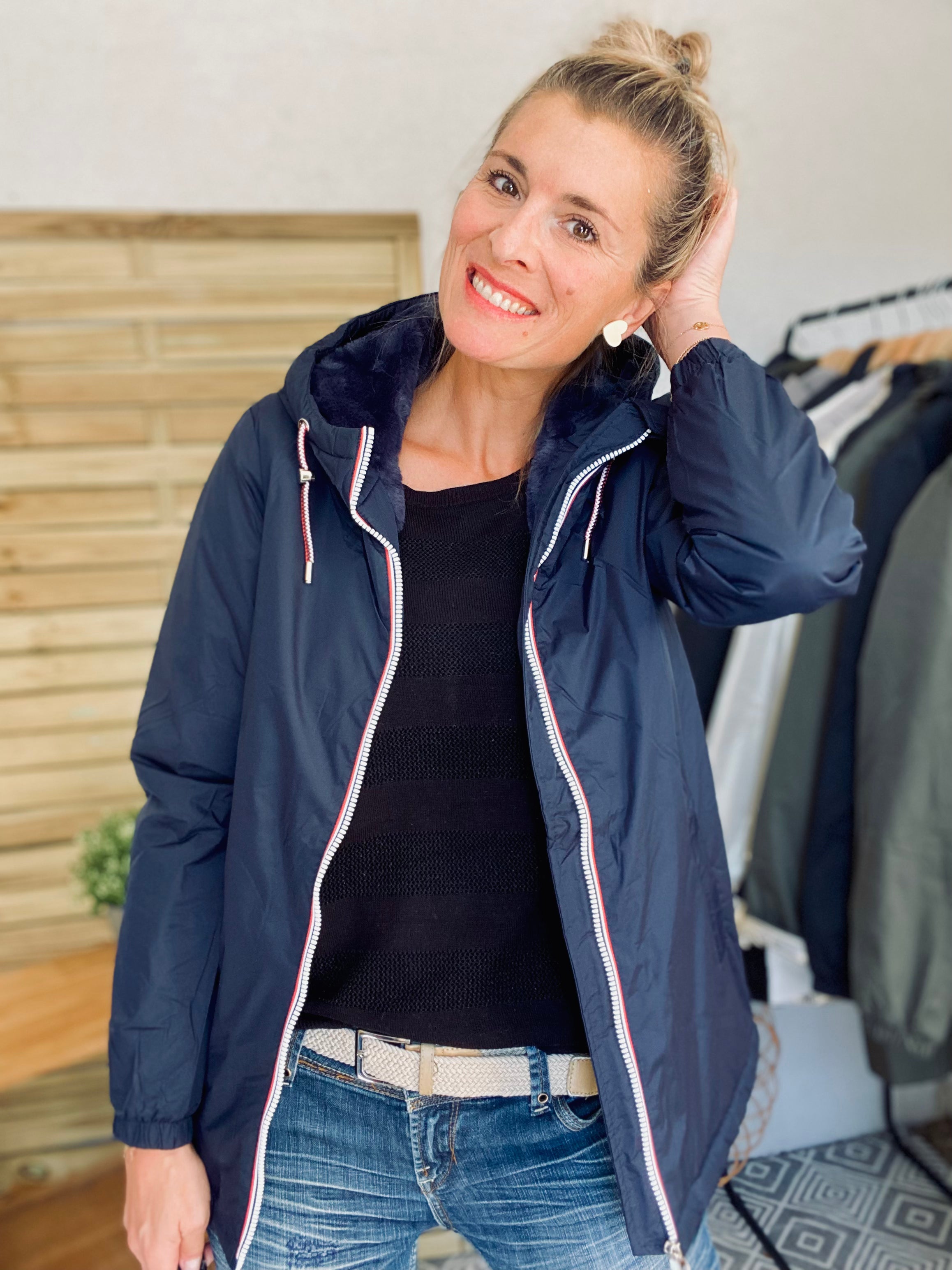 LAURA JO - Parka Imperméable THELMA MI-LONG fourré - Bleu marine