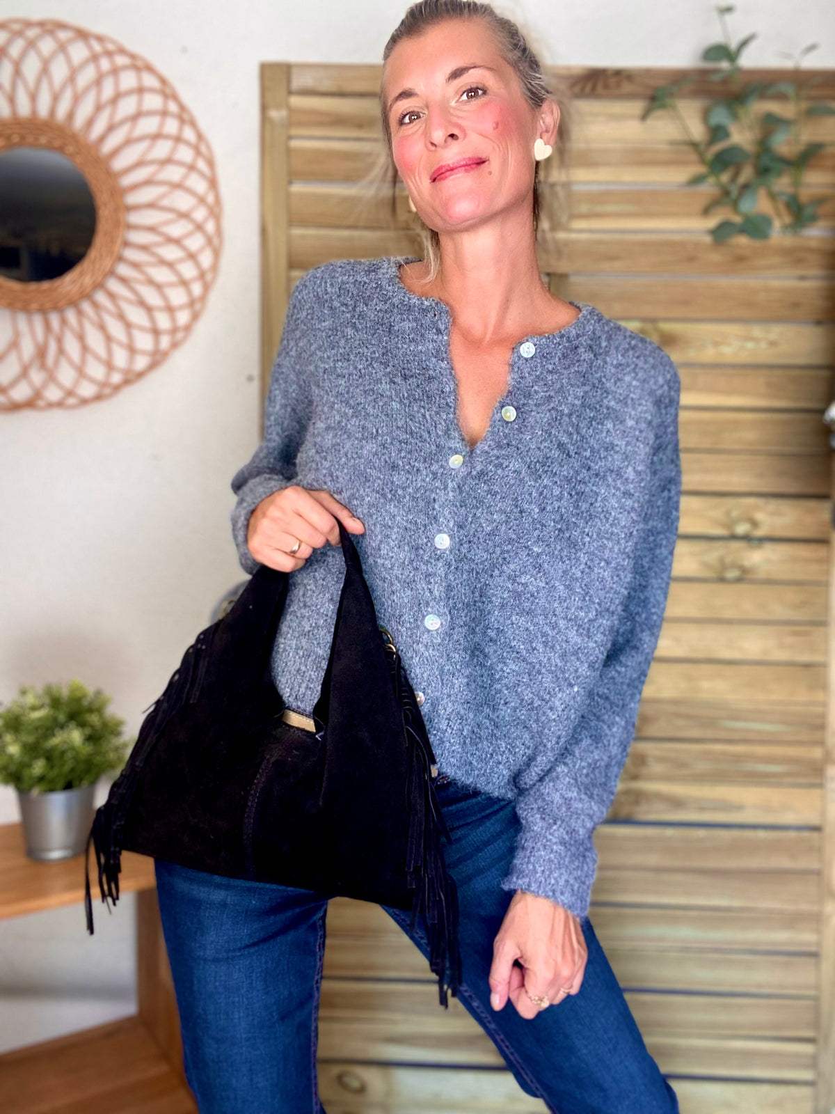 Sac hobo en cuir daim avec franges AARON - Noir - DÉSTOCKAGE