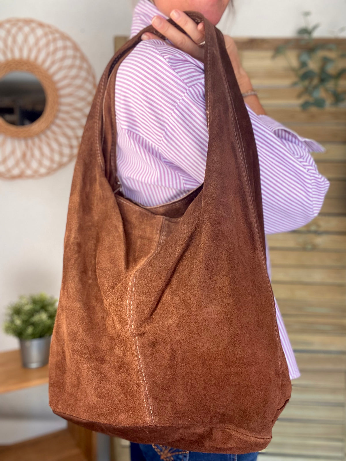 Sac cabas hobo cuir daim MARLON - Chocolat
