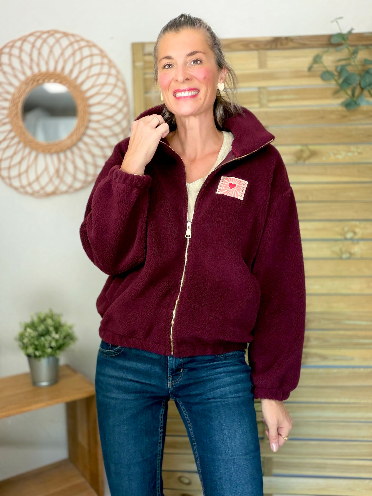 ⚡️ARRIVAGE • Veste teddy Sherpa zippée « Soleil » DORO Bordeaux