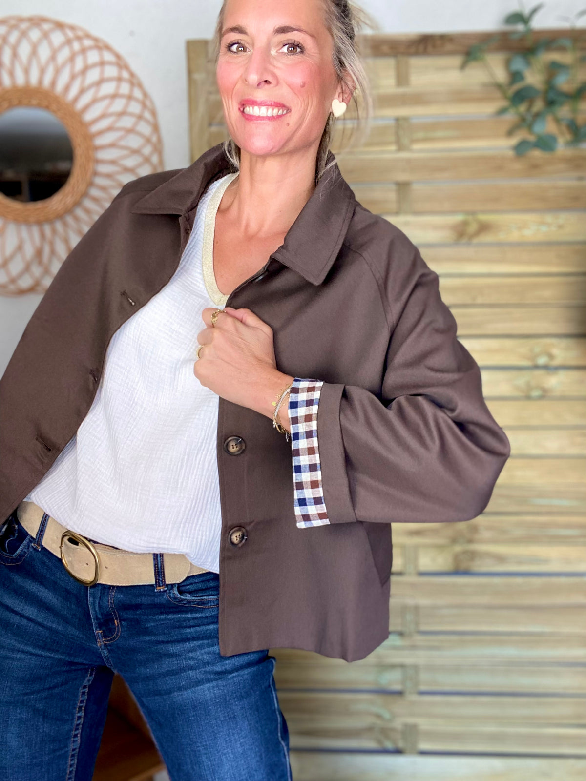 Veste Trench en coton, revers carreaux - YSEULT court Chocolat