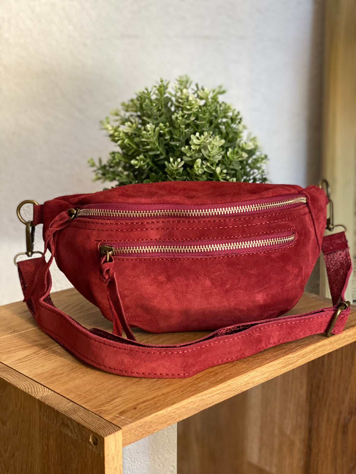 Sac banane double poche en cuir daim - OPALINE - Bordeaux