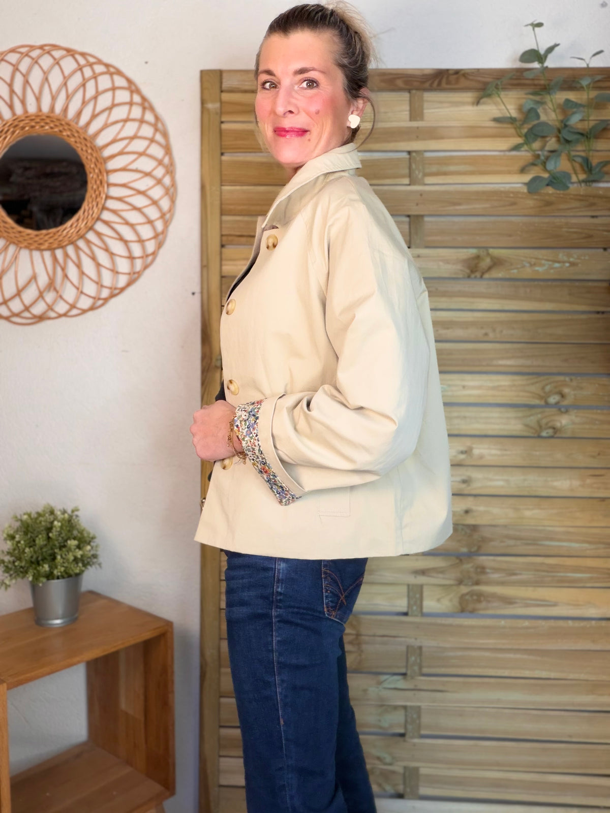 Veste Trench en coton beige avec Liberty - MARION (Taille 2 ans à la Taille XL)