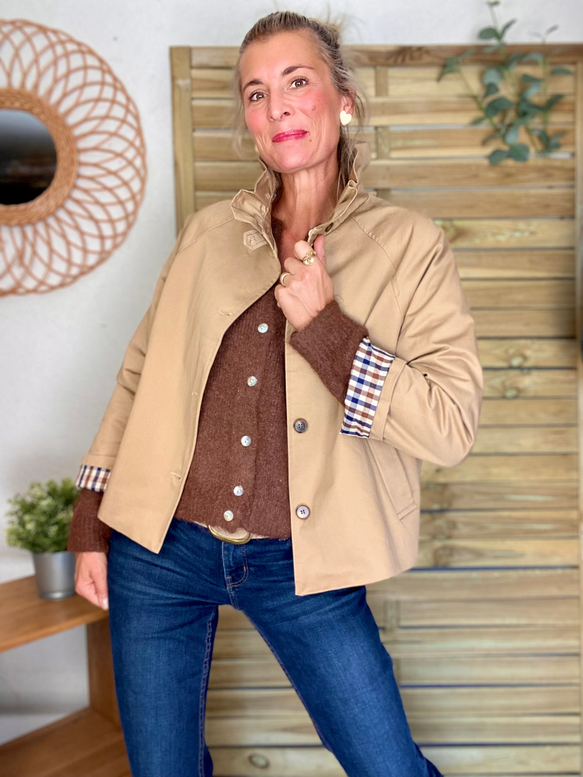 Veste Trench col victorien doublure carreaux - VICTORIA Beige Taupe