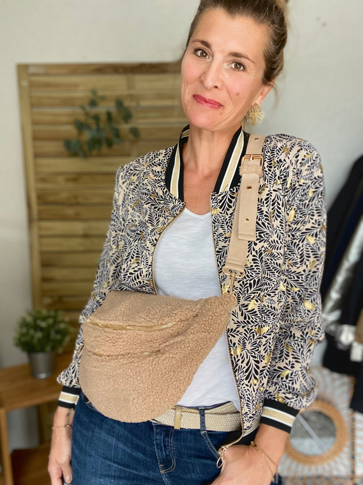 Sac banane XL double poche en moumoute 2 sangles inclues - BILLIE - Beige