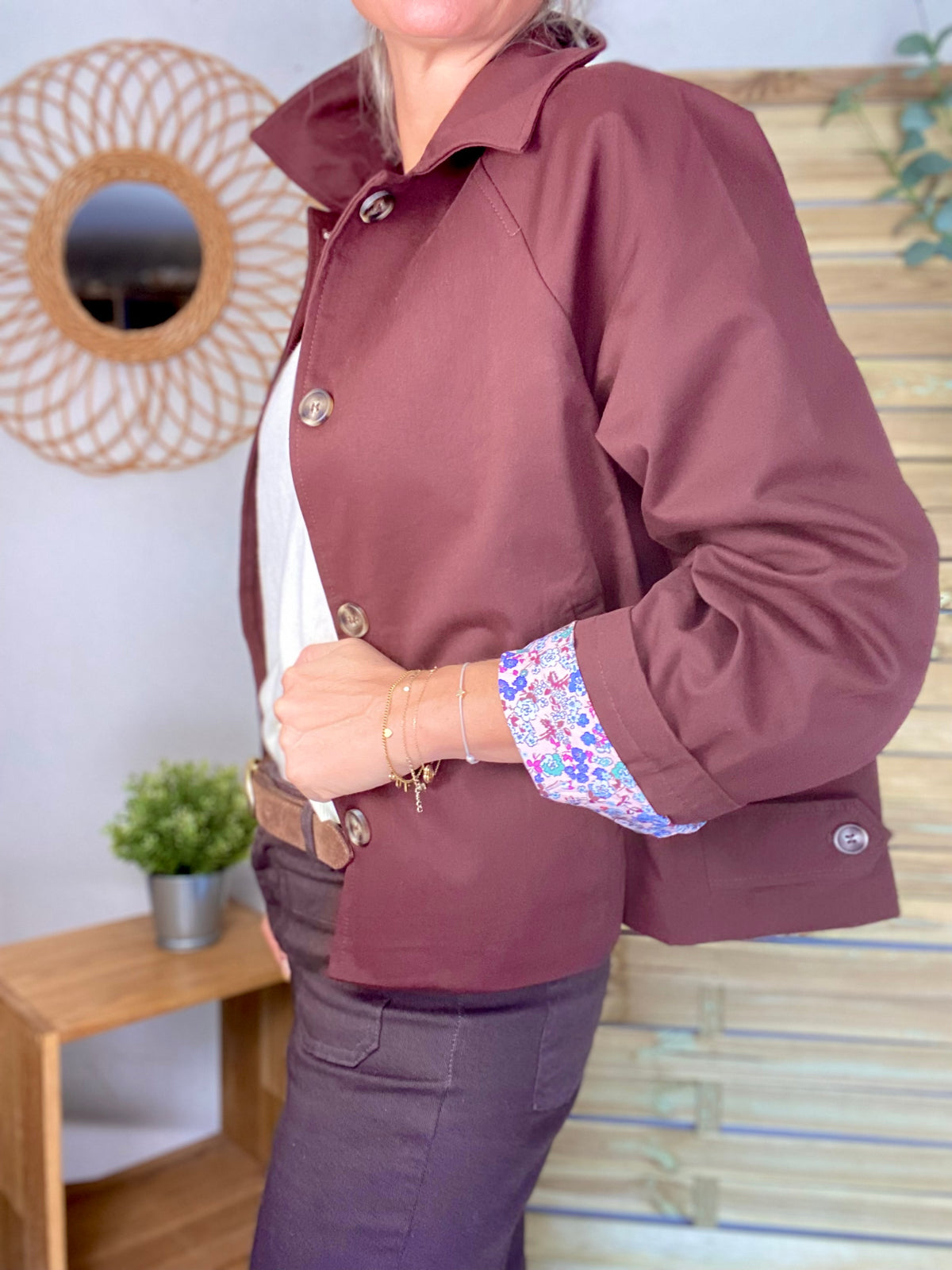 Veste Trench en coton bordeaux foncé avec Liberty - MAHAUT - LILI et LALA - FIN DE SÉRIE