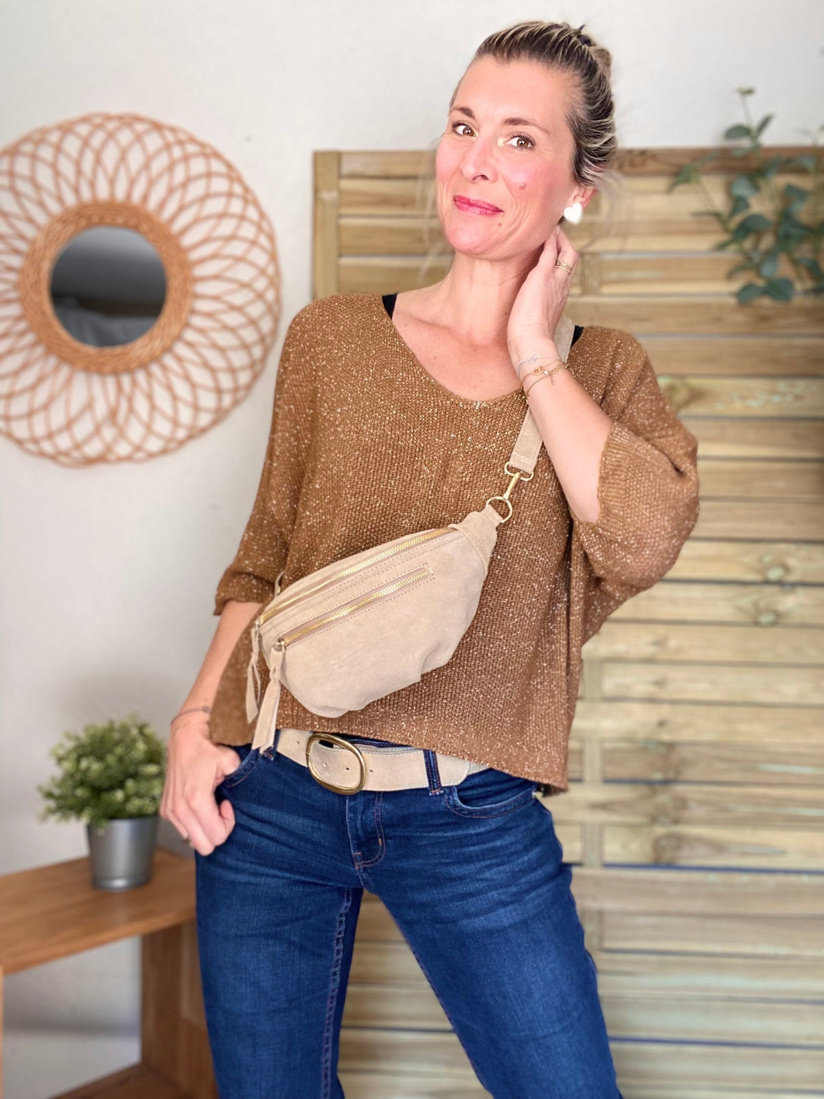 Sac banane double poche en cuir daim - OPALINE - Beige