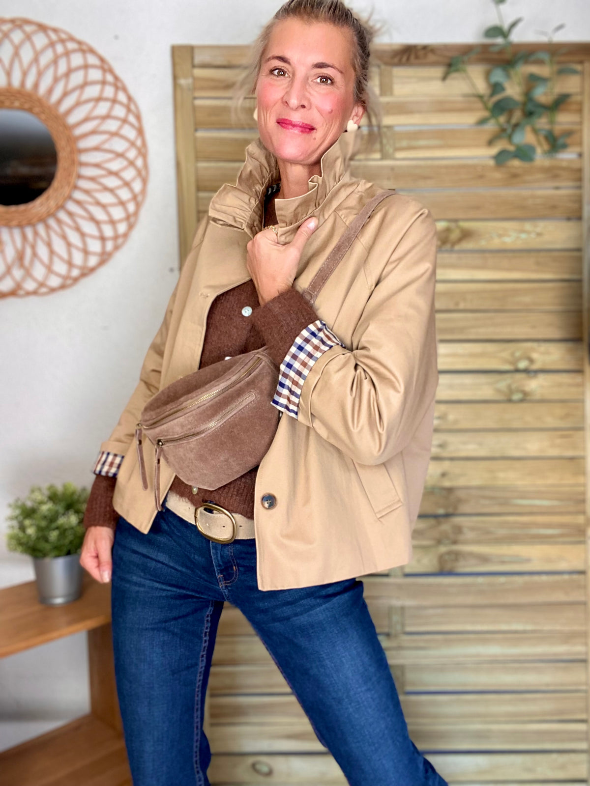Veste Trench col victorien doublure carreaux - VICTORIA Beige Taupe