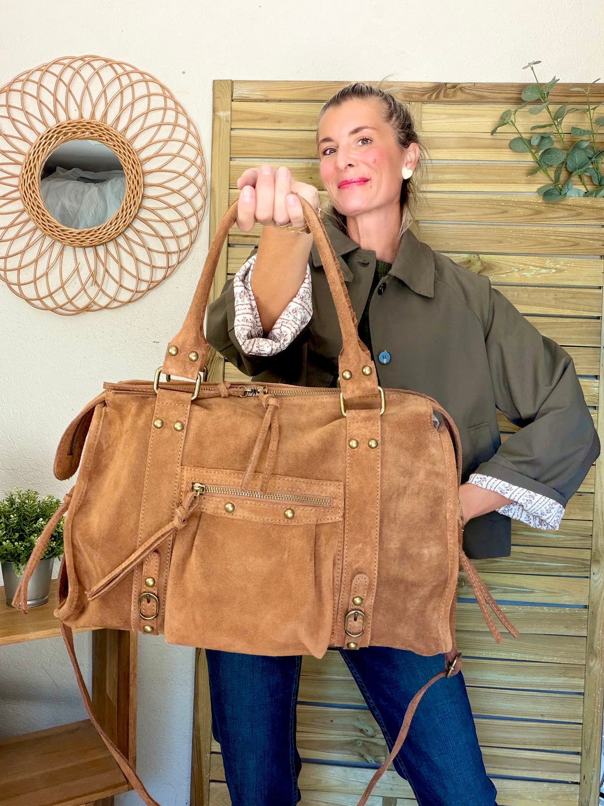 Sac cabas XL en cuir daim • HUNTER Camel