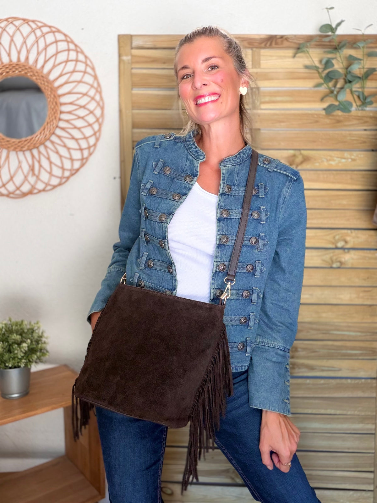 Sac seau en cuir daim avec franges KYLIE - Chocolat
