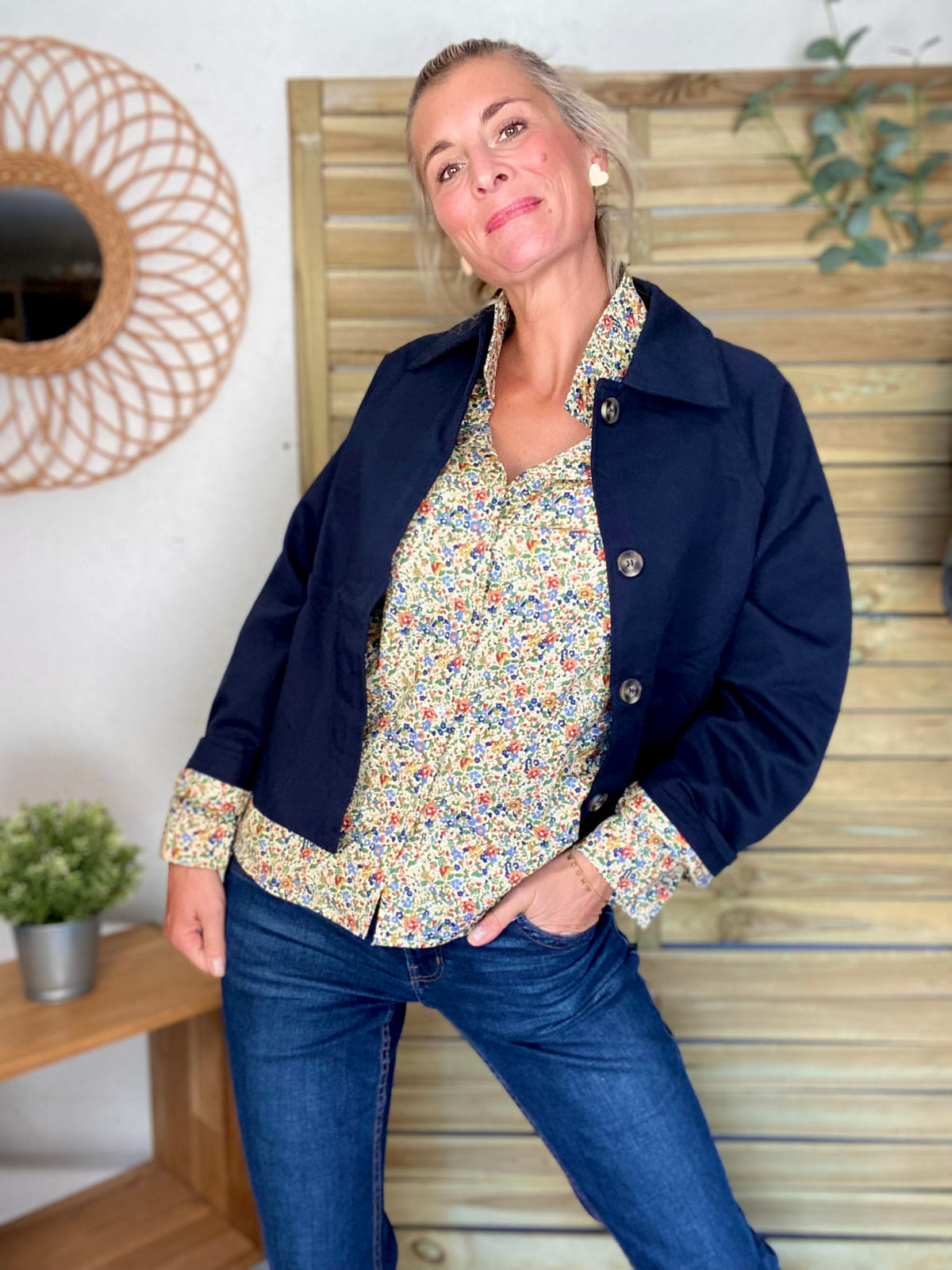 Veste Trench en coton bleu marine avec Liberty - MAHAUT- LILI et LALA