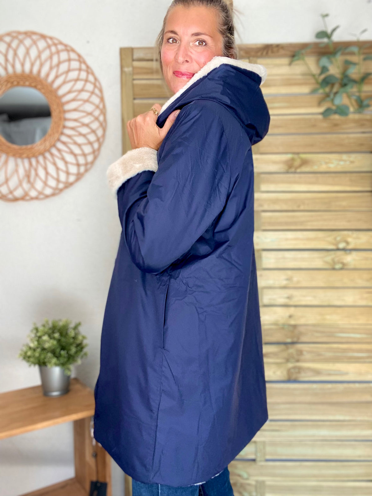 LAURA JO - Parka Imperméable réversible fourrée Bleu marine / Beige ALIX Long