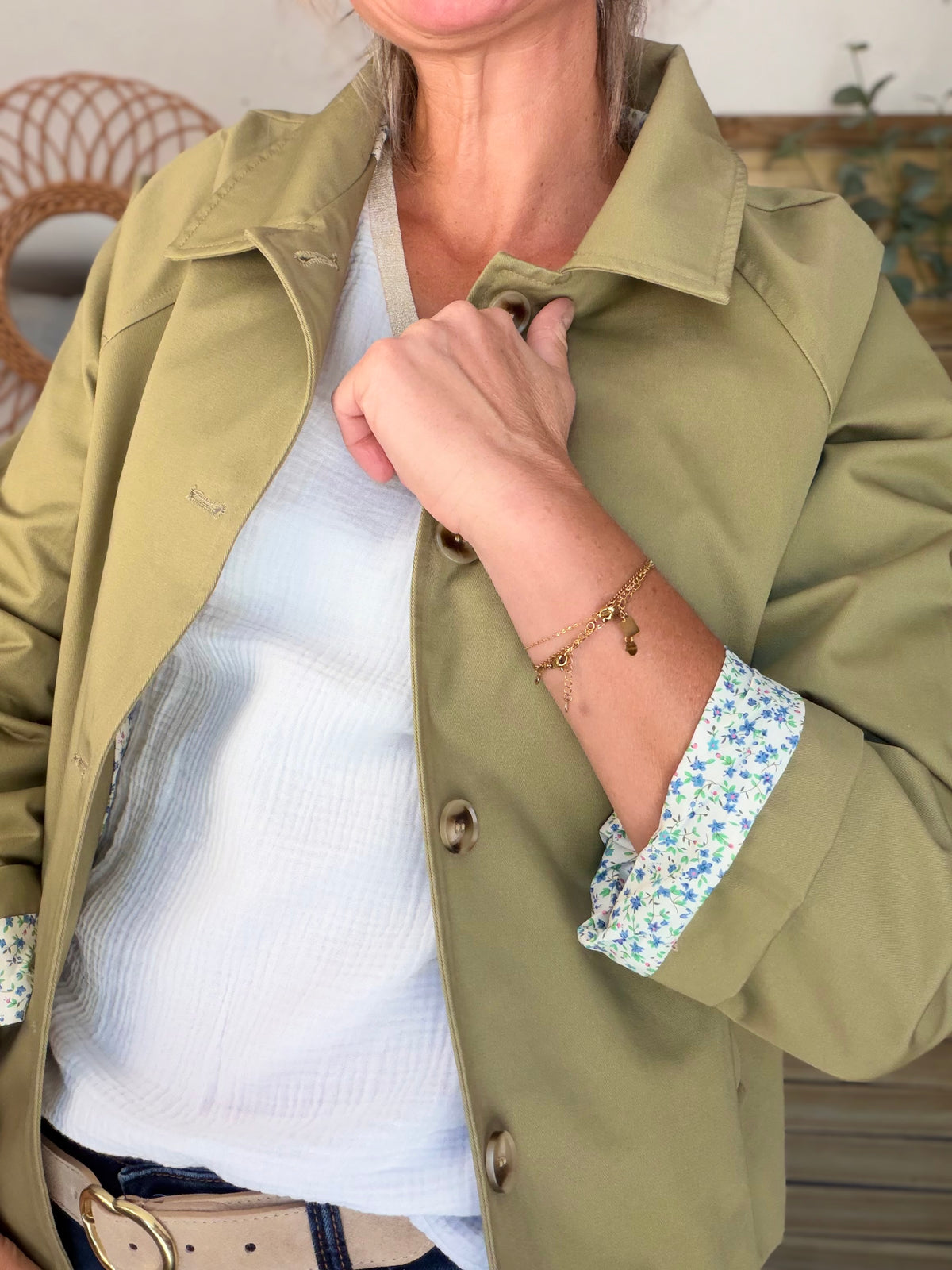 Veste Trench en coton avec Liberty - JOHAN Kaki clair - FIN DE SÉRIE