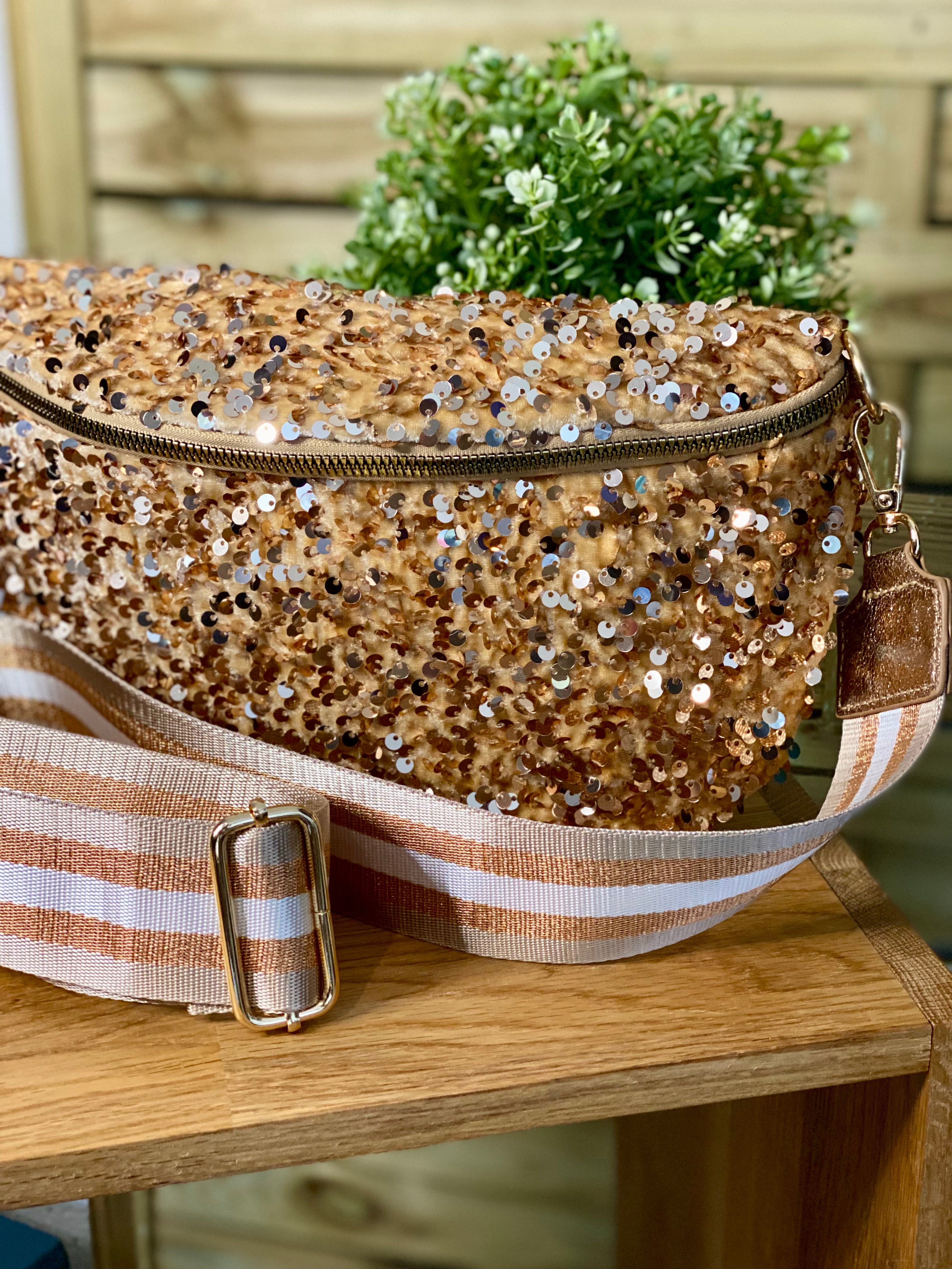 Sac banane L à sequins 30cm et sangle fantaisie - ROXY - Doré