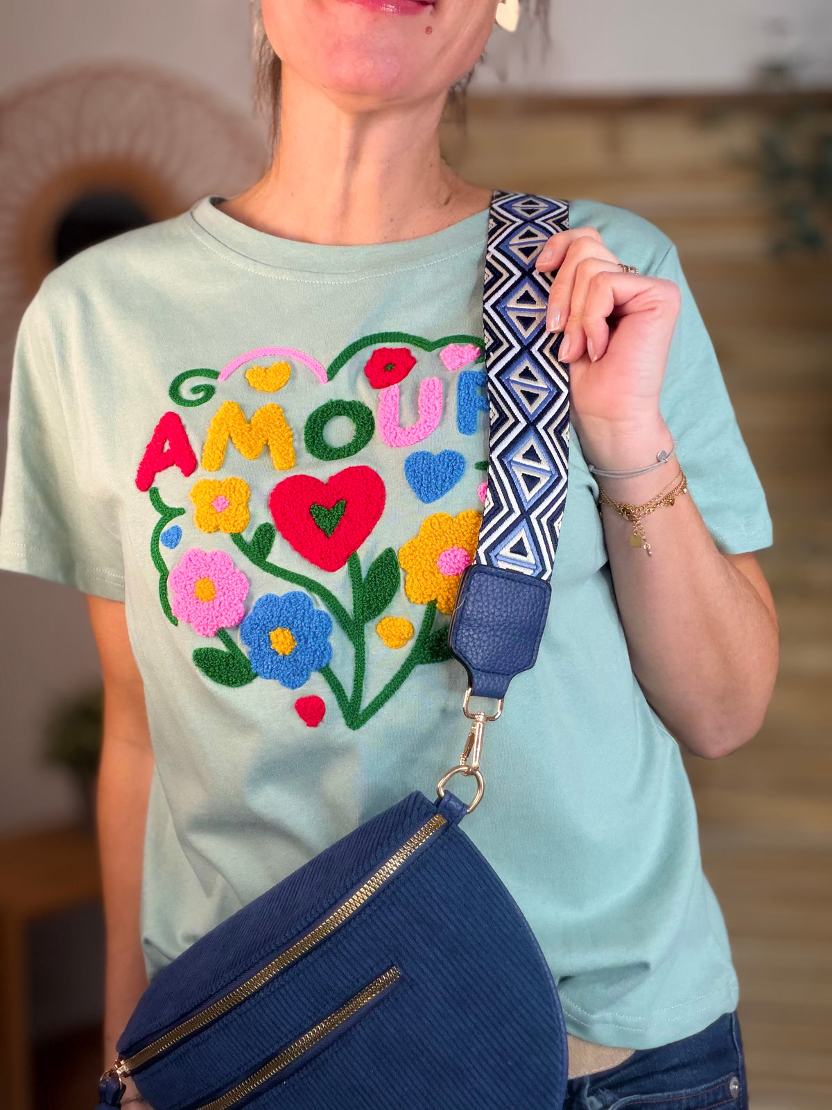 Sac banane en velours côtelé, sangle fantaisie - KATY - Bleu marine - FIN DE SÉRIE