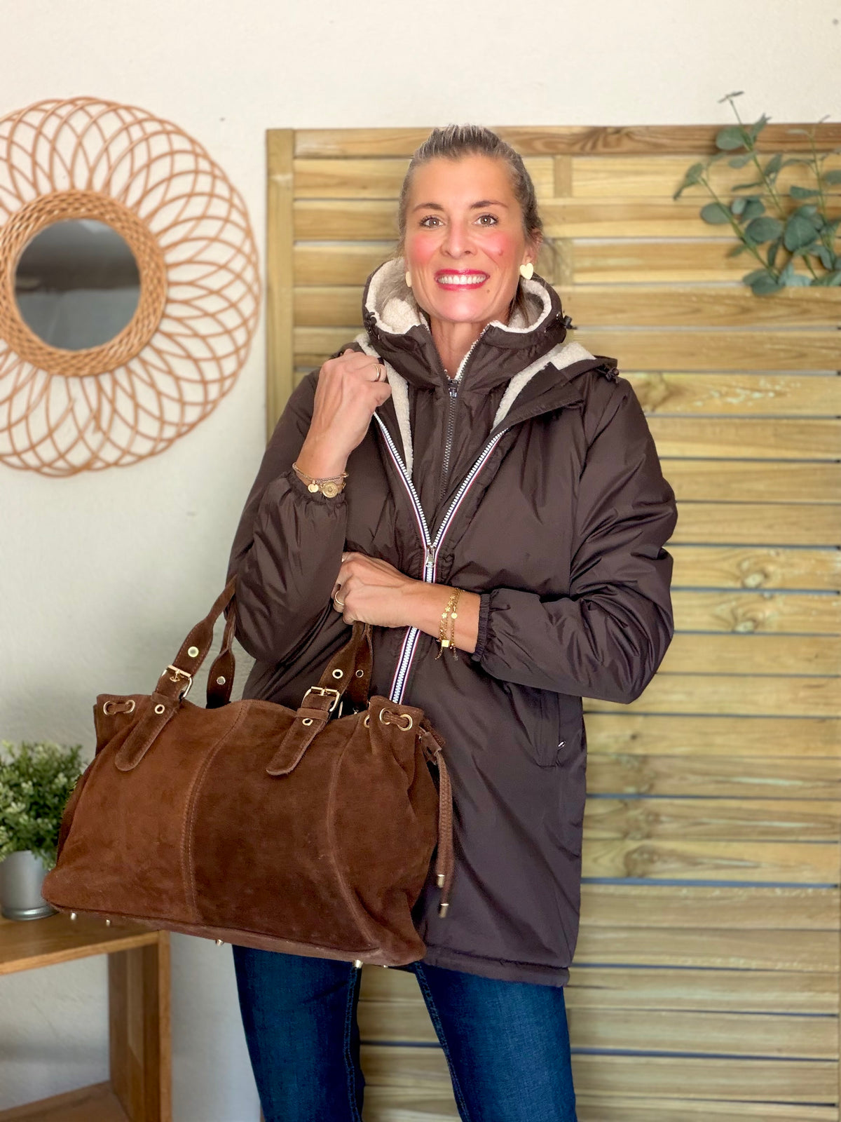 LAURA JO - Col capuche amovible réversible TONY - Choco / Sherpa écru