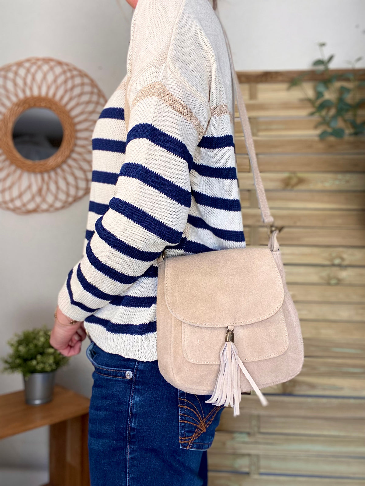 Sac bandoulière en cuir daim HORTENSE - Beige - FIN DE SÉRIE