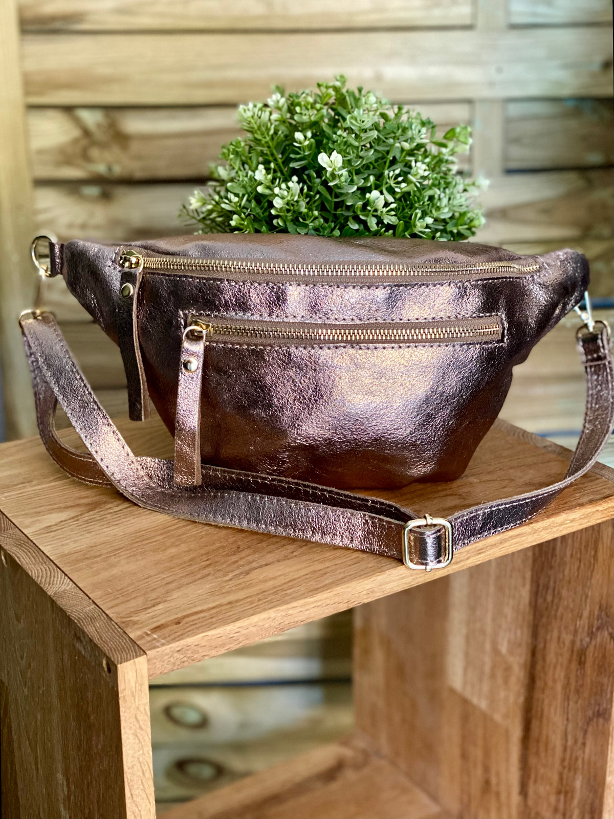 Sac banane en cuir irisé double poche - ERYN fronces - Bronze