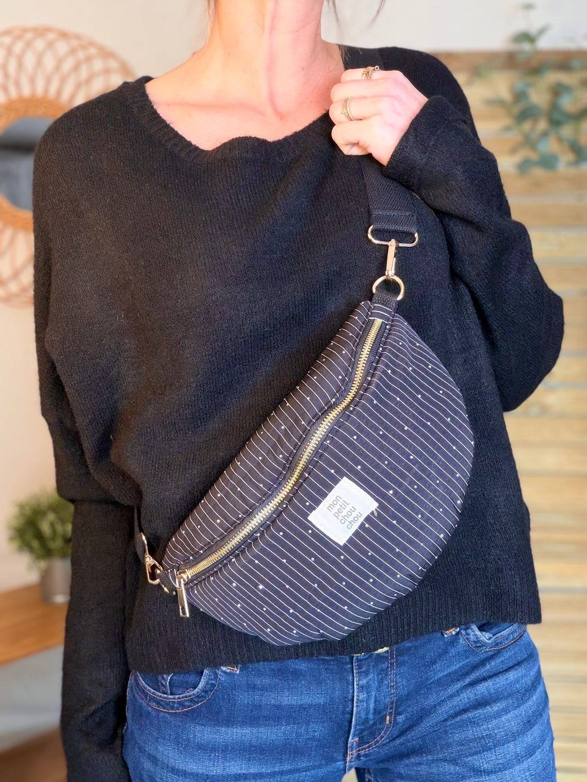 Sac banane avec strass BONNIE - Rayée noir