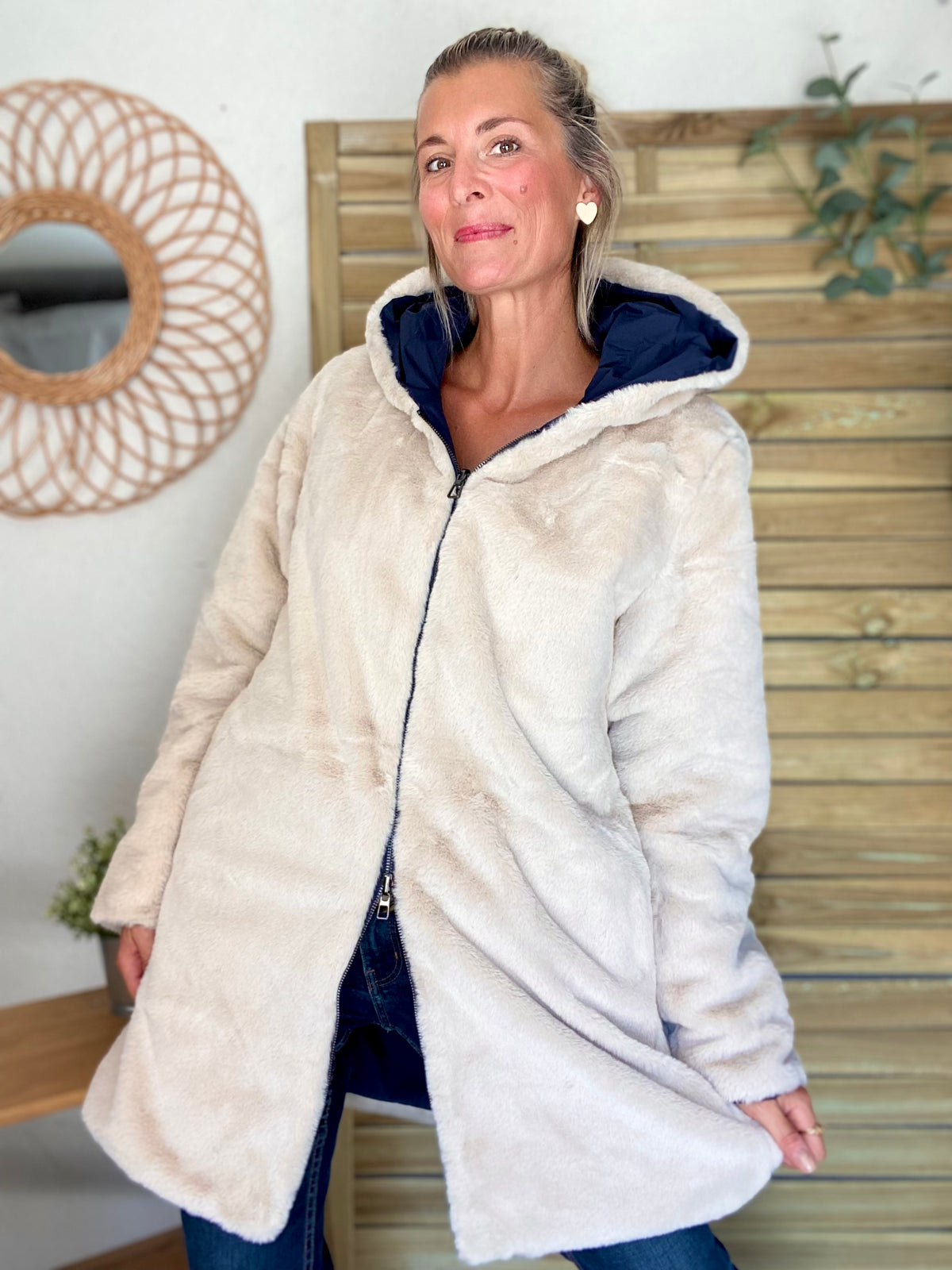 LAURA JO - Parka Imperméable réversible fourrée Bleu marine / Beige ALIX Long