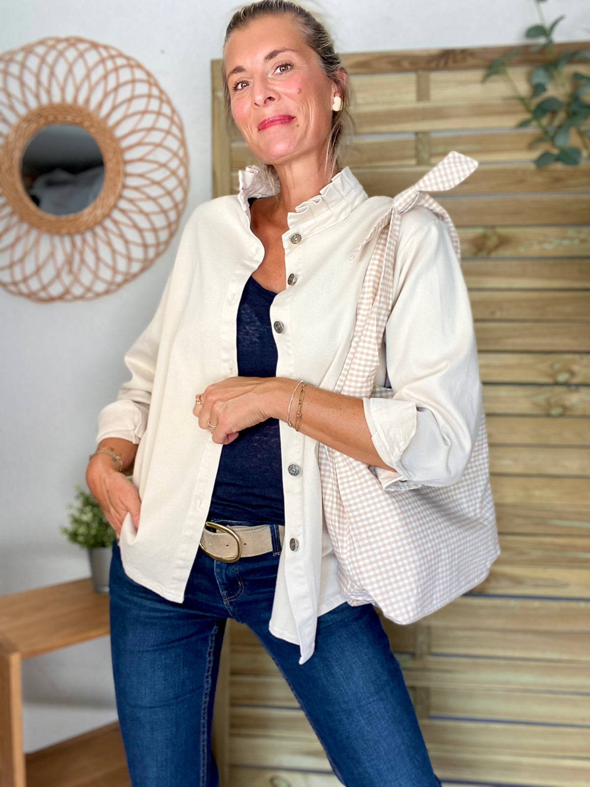 Veste / Chemise en coton, col victorien volanté Beige clair LISON