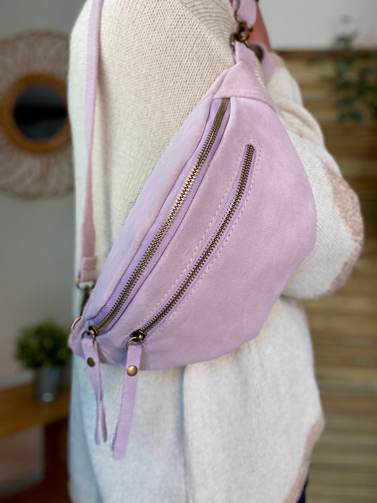 Sac banane double poche en cuir daim - OPALINE - Lilas