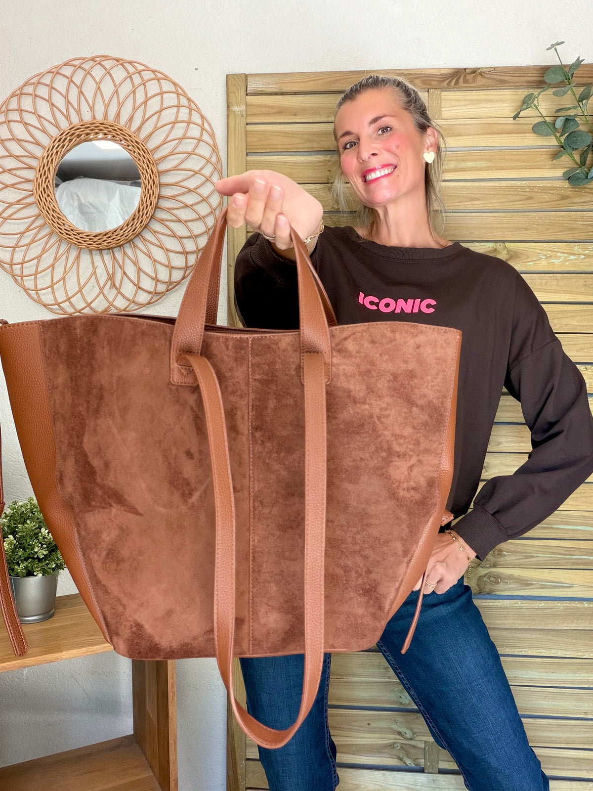 Grand Sac cabas 2 en 1 en simili daim - LAURÈNE Camel