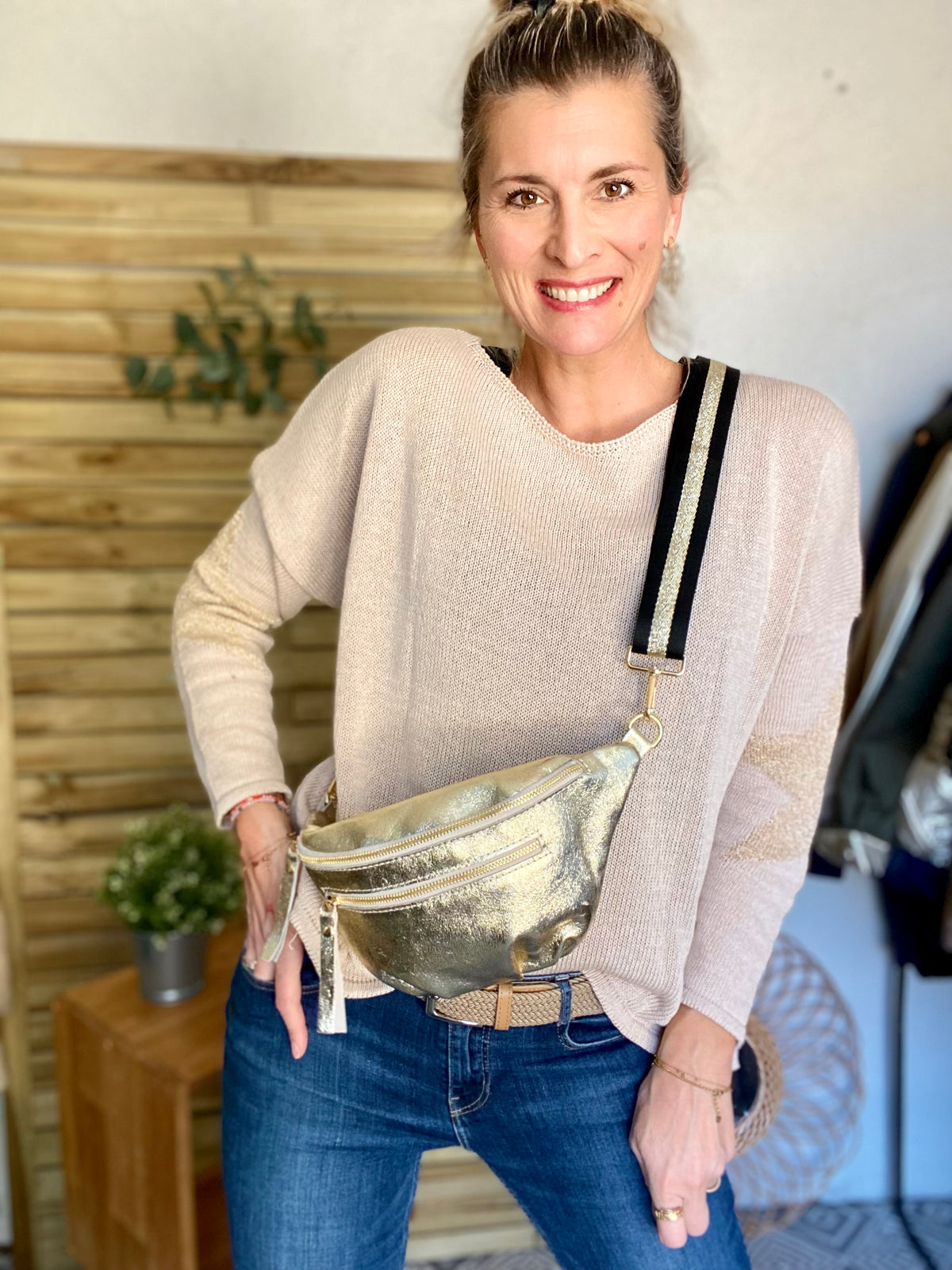 Sac banane en cuir irisé double poche - ERYN fronces - Doré
