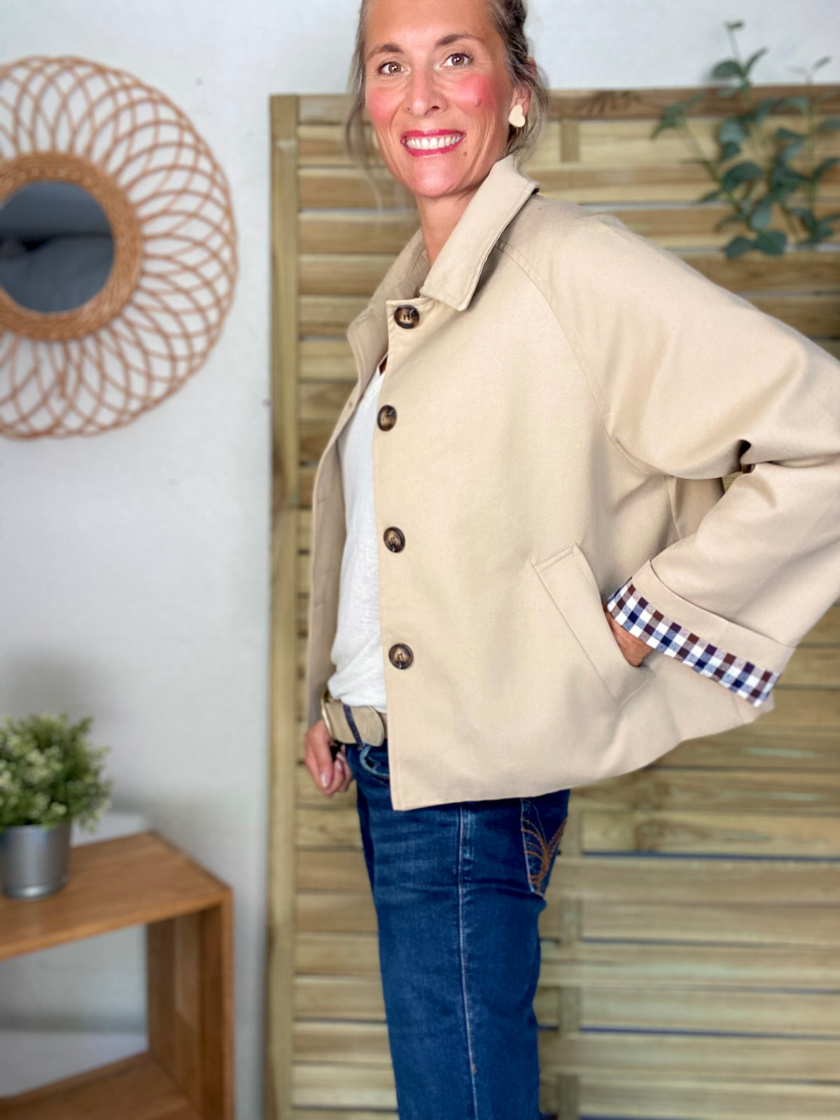 Veste Trench en coton, revers carreaux - YSEULT court Beige