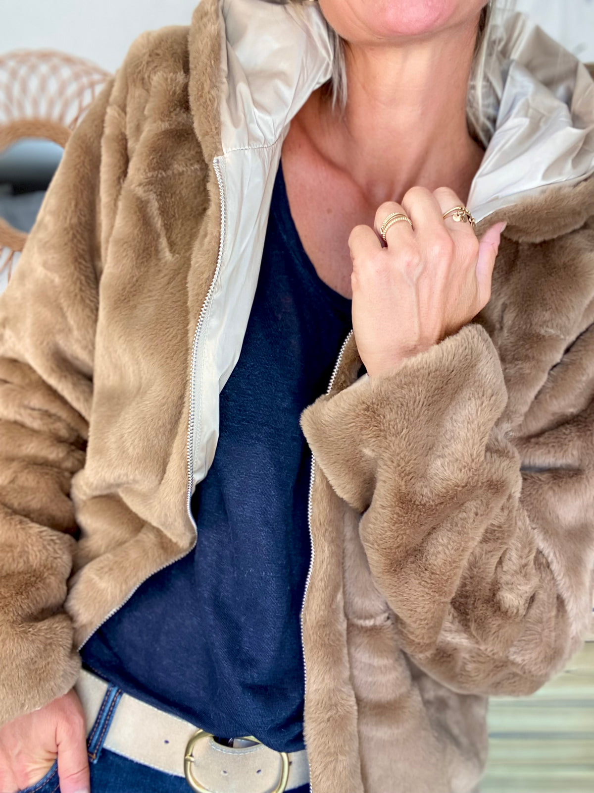 LAURA JO - Parka Imperméable réversible fourrée Sable irisé / Camel ALIX Long