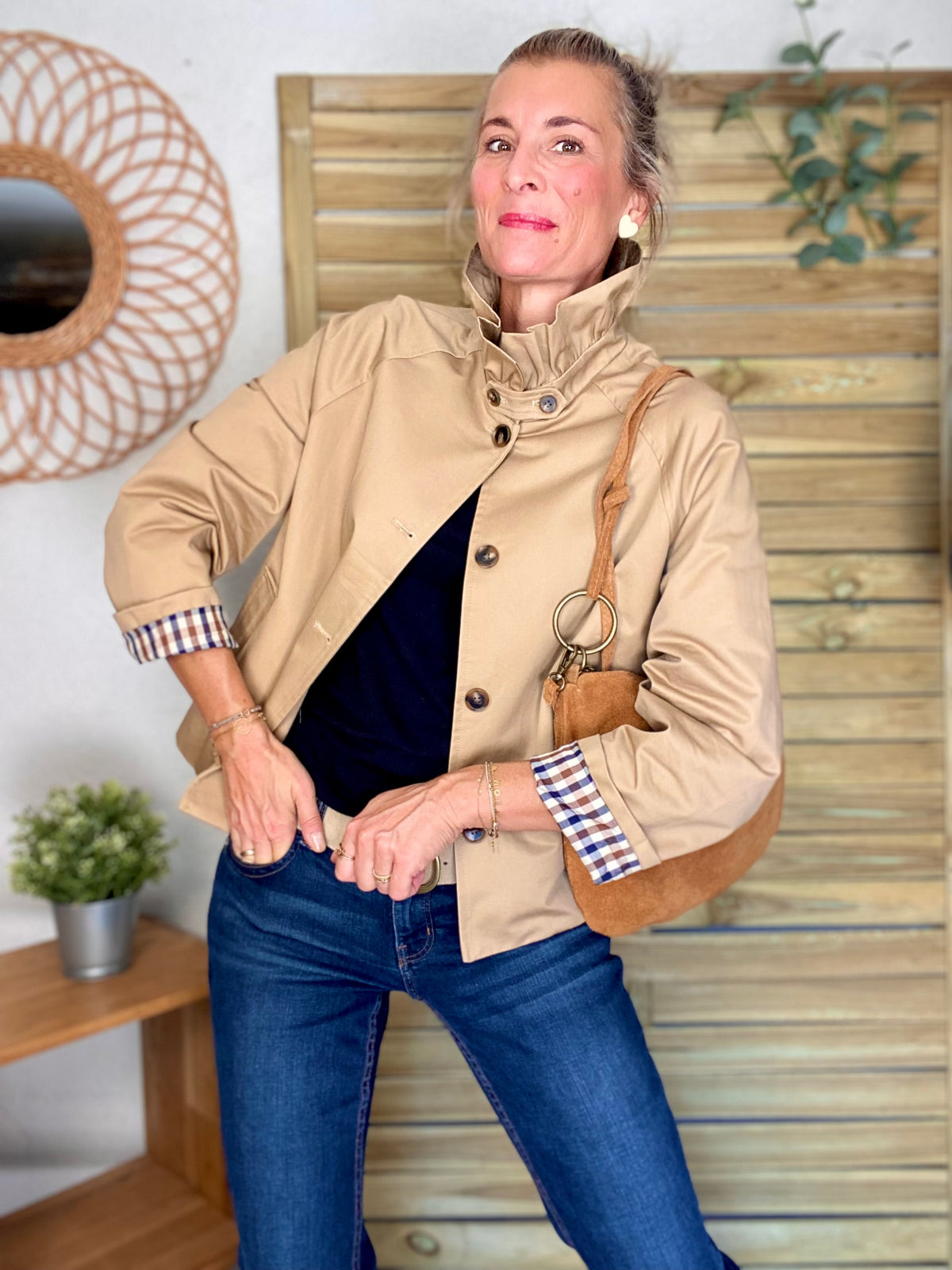 Veste Trench col victorien doublure carreaux - VICTORIA Beige Taupe