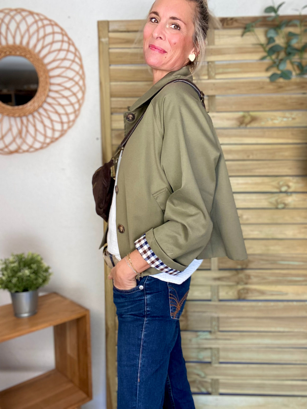 Veste Trench en coton, revers carreaux - YSEULT court Kaki