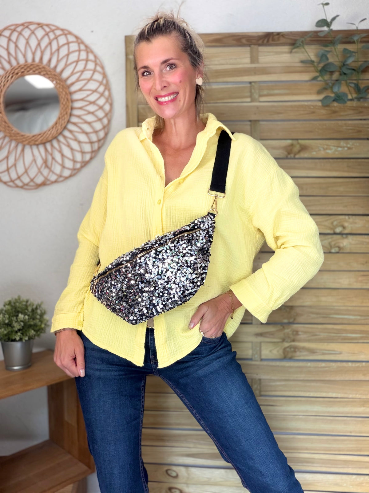 Sac banane L velours à sequins Ciao Boum- TAYLOR - Noir / Argent - DÉSTOCKAGE