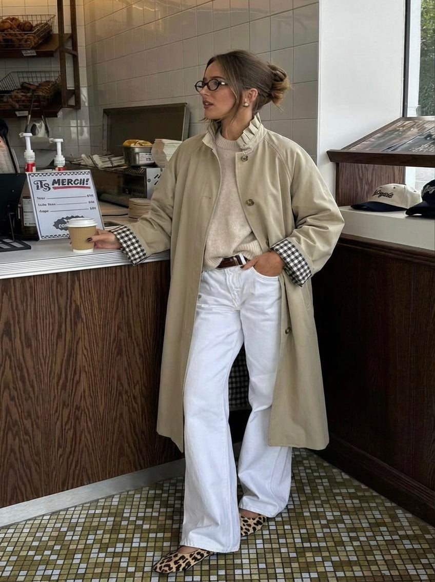 Veste Trench col victorien, revers carreaux - VICKY LONG Beige