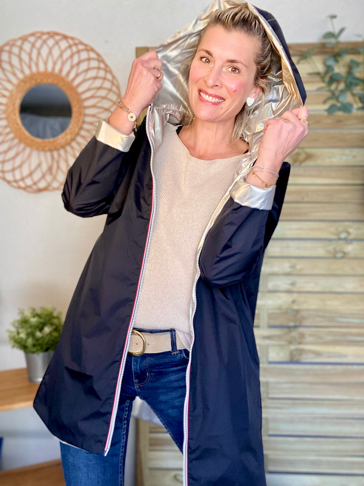 LAURA JO - Imperméable réversible léger GARANCE LONG - Noir/Doré • DESTOCKAGE sur Taille S