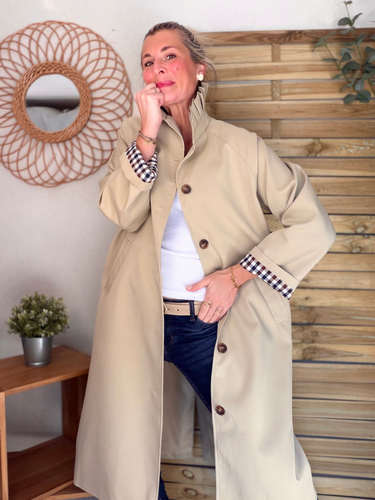 Veste Trench col victorien, revers carreaux - VICKY LONG Beige