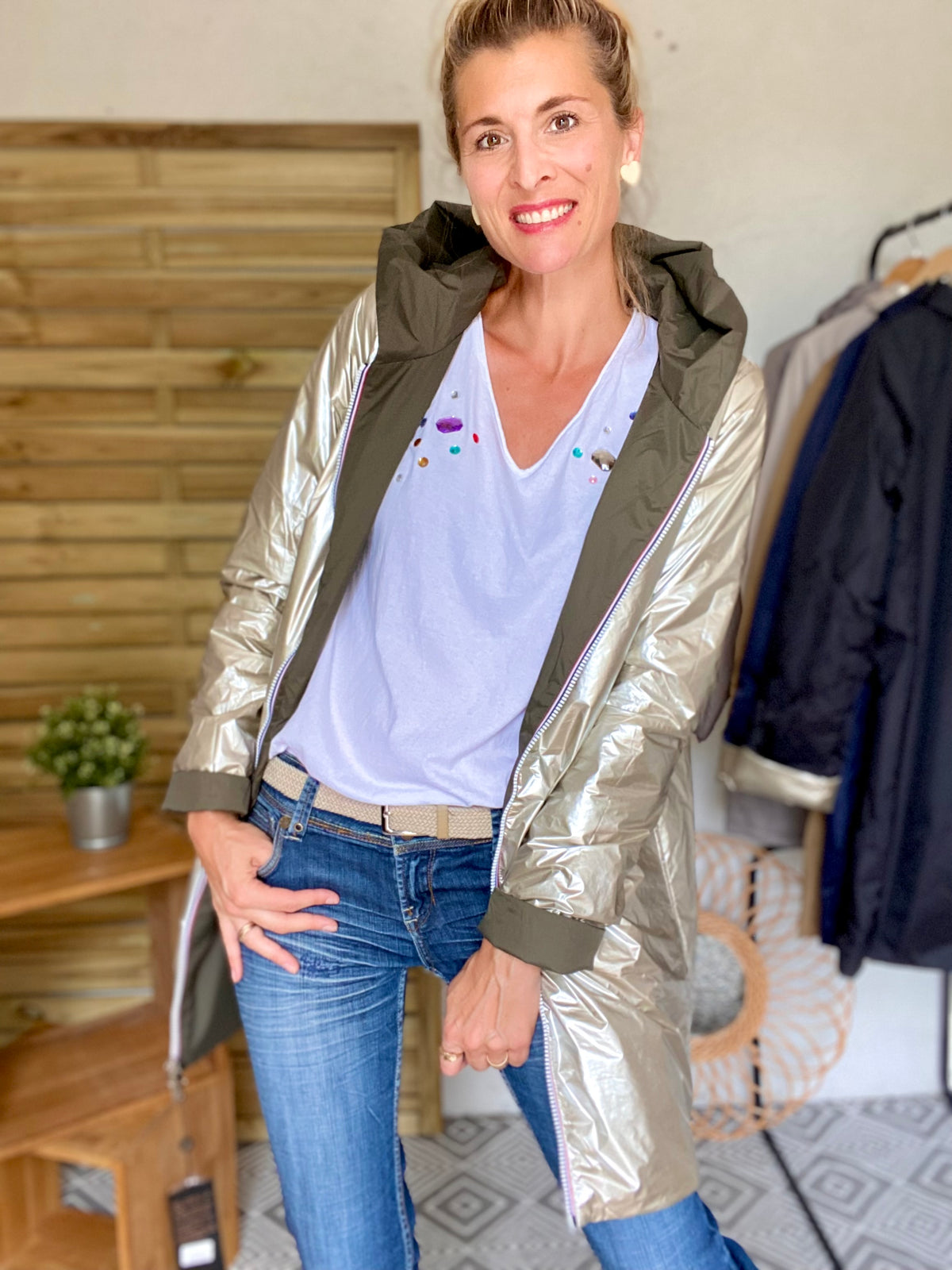 LAURA JO - Imperméable réversible rembourré LOUISON LONG - Kaki/Doré