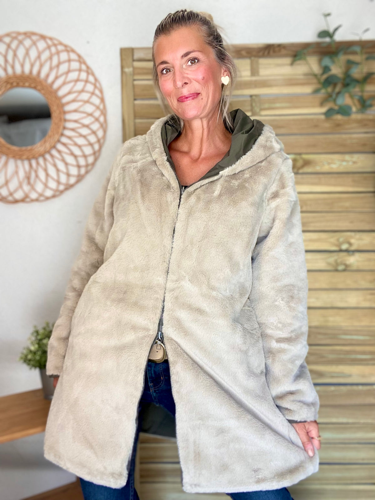 LAURA JO - Parka Imperméable réversible fourrée Kaki / Beige ALIX Long
